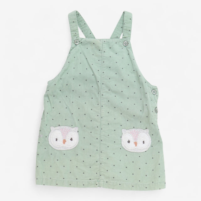Dungaree dress corded mint green with owl applique