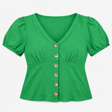 Bright Green 100% Cotton Slub Button Front V-Neck 