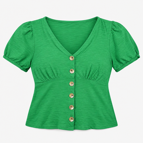 Bright Green 100% Cotton Slub Button Front V-Neck 