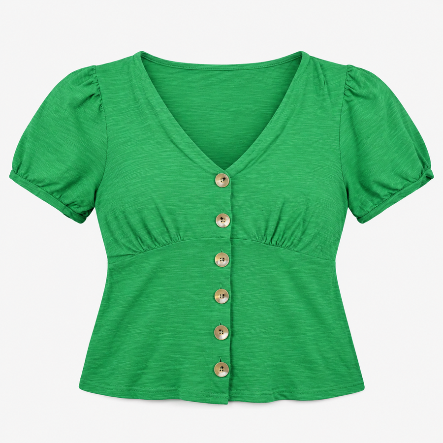 Bright Green 100% Cotton Slub Button Front V-Neck 