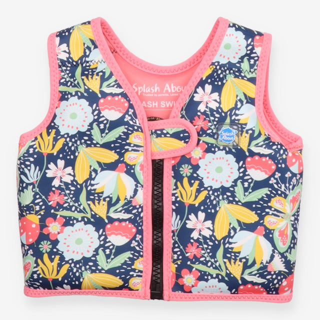 Swim vest with floats navy and yellow flowers prin