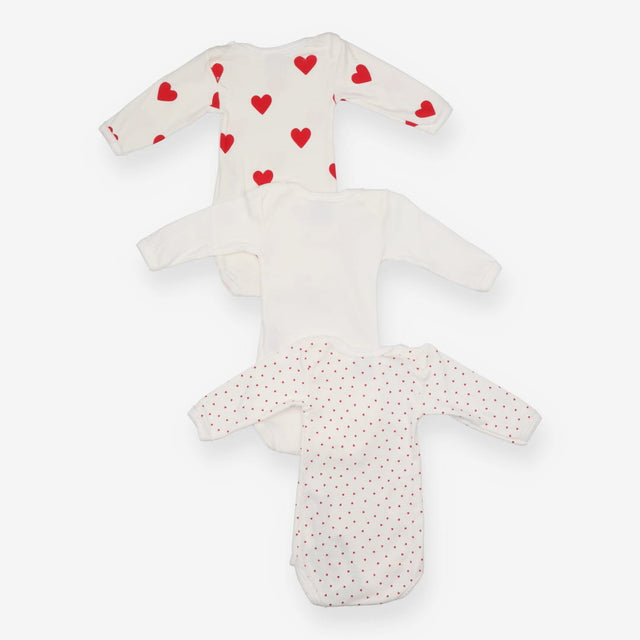 Bodysuits long sleeve white with red hearts 3 pack