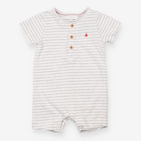 White and grey striped romper with red anchor