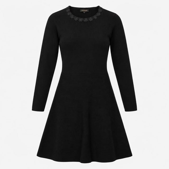 Black Pure Wool Floral Lace Neck Long Sleeve Knitt