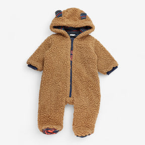 Pramsuit Brown with Ears & Navy Striped Lining
