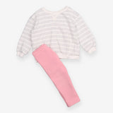 Grey Striped Sweater and Pink Legging Outfit 