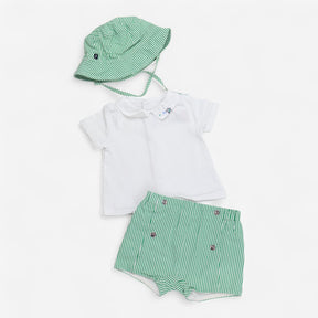 Outfit short shirt and hat green stripe dog