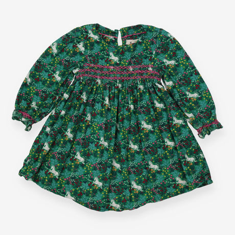 Dress green cord smocked unicorns