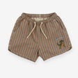 Brown striped swim shorts with dinosaur