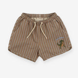 Brown striped swim shorts with dinosaur