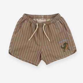 Brown striped swim shorts with dinosaur