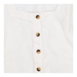 White Pure Linen Square Neck Button Blouse