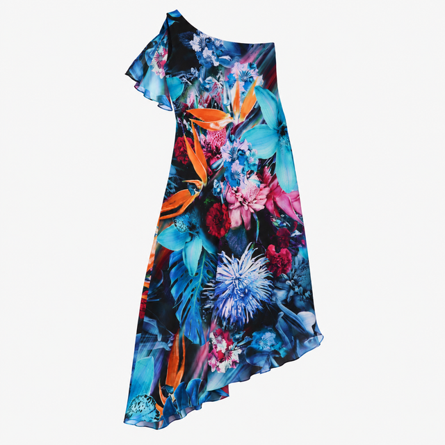 Floral One Shoulder Chiffon Maxi Dress Black Blue