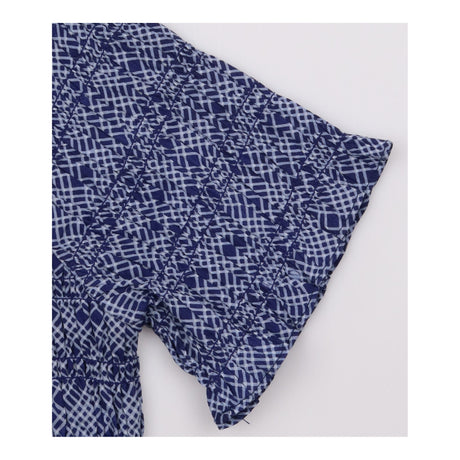 Blue Navy Checked Shirred Midi Dress