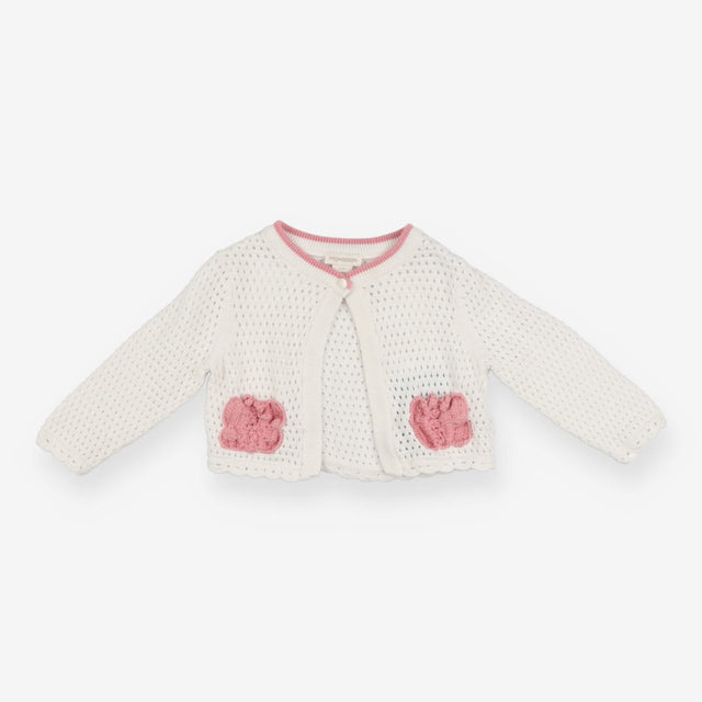 Cardigan Knit White Pink Butterfly Pockets