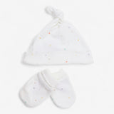 Baby hat and mittens set white with coloured stars