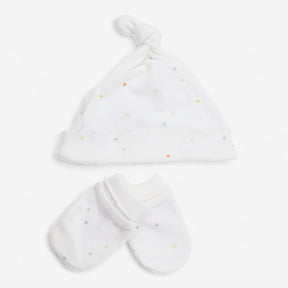 Baby hat and mittens set white with coloured stars