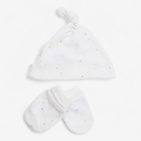 Baby hat and mittens set white with coloured stars