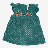 Green Spotty Cord Dress with Foxes and flowers