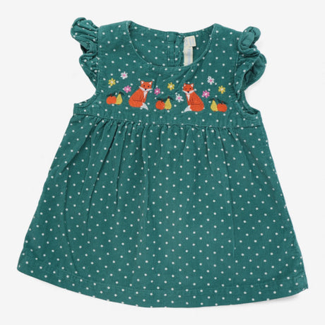 Green Spotty Cord Dress with Foxes and flowers