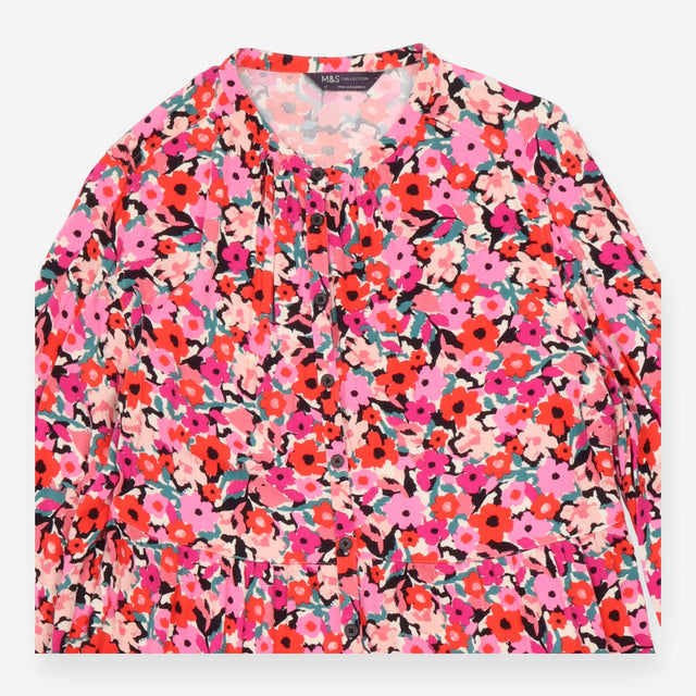 Midi Dress Pink Red Floral Print Button Front Tier