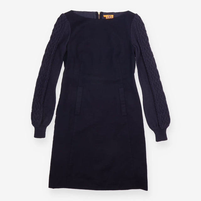 Wool Dress Navy Cable Knit Sleeve Shift