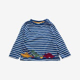 Blue and white striped marching dinos tee