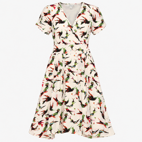 Ivory Silk Tropical Bird Print V Neck Wrap Midi Dr