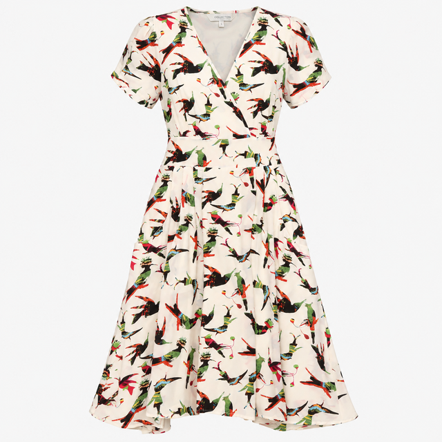 Ivory Silk Tropical Bird Print V Neck Wrap Midi Dr