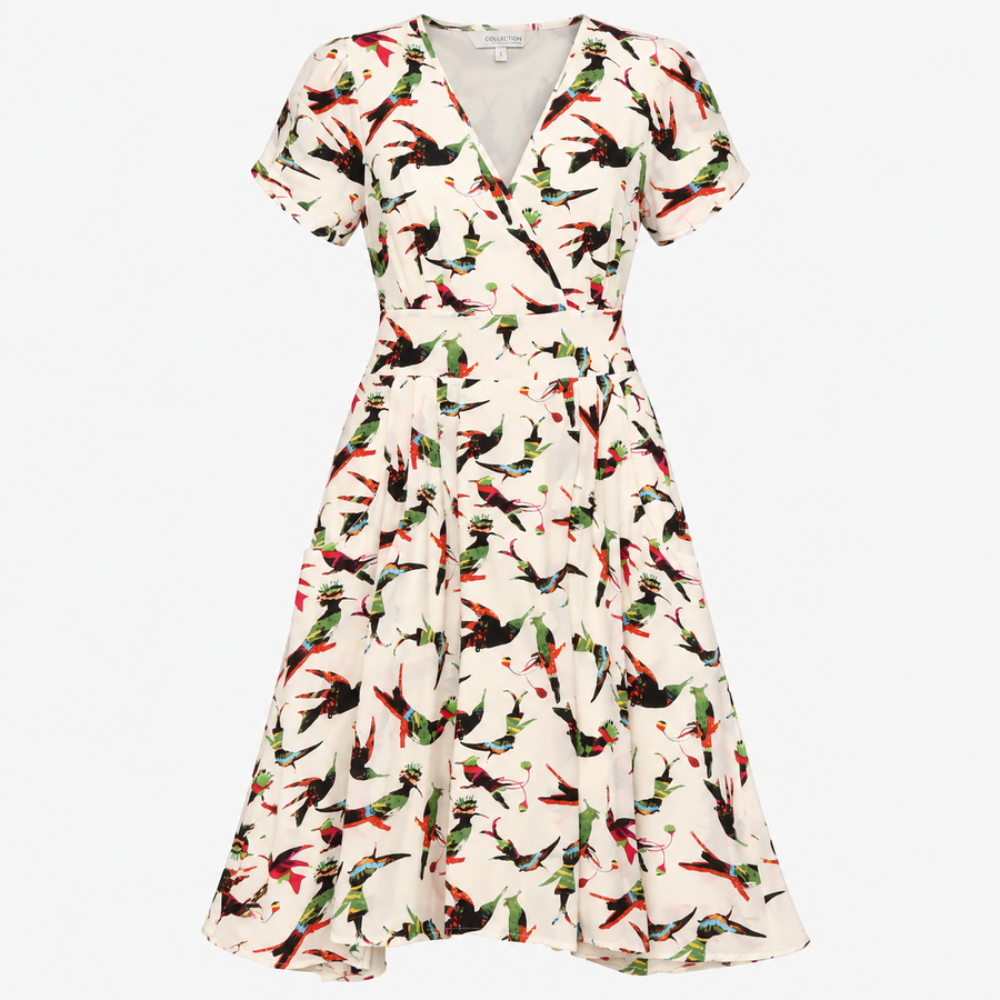 Ivory Silk Tropical Bird Print V Neck Wrap Midi Dr
