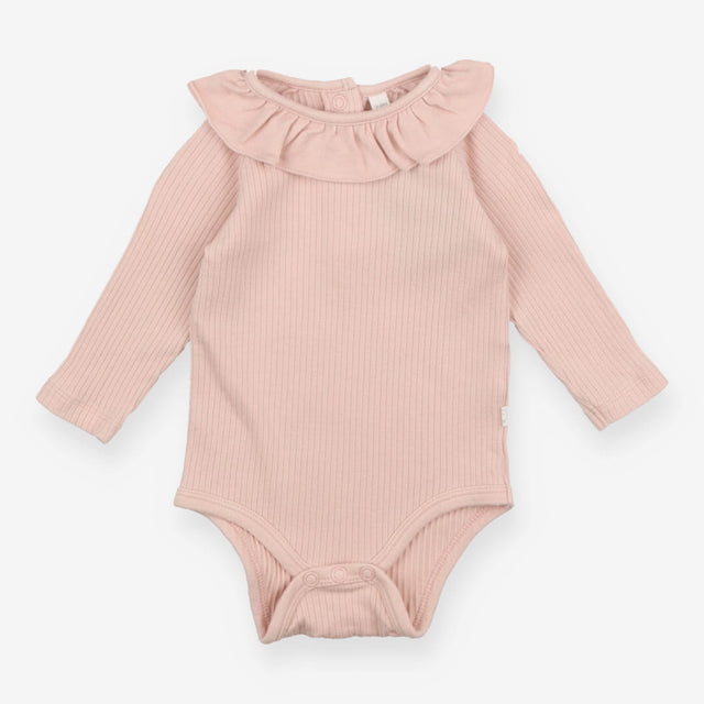 Long sleeve light pink rib frill neck bodysuit