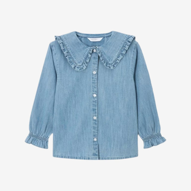 Kids' Frill Collar Denim Shirt, Mid Blue Denim