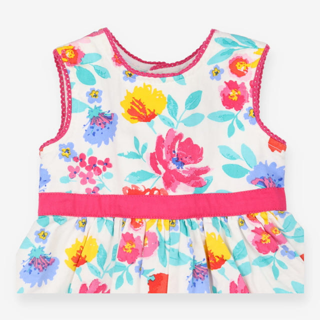 Sleeveless summer dress pink floral with belt