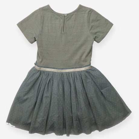 Dress SS green gold stripe top net spot skirt