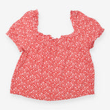 Blouse Red Ditsy Daisy Print Puff Sleeve Tie Front