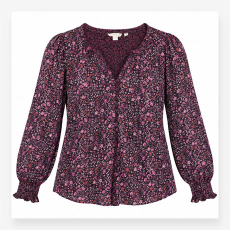 Plum Floral Long Sleeve V Neck Top