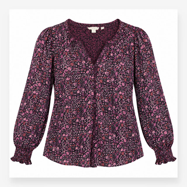 Plum Floral Long Sleeve V Neck Top