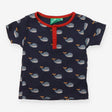 T Shirt Navy Blue, Red Collar with Buttons and Wha