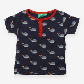 T Shirt Navy Blue, Red Collar with Buttons and Wha