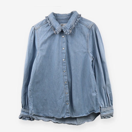 And/ Or Denim Shirt Frill Collar Popper Button Blo
