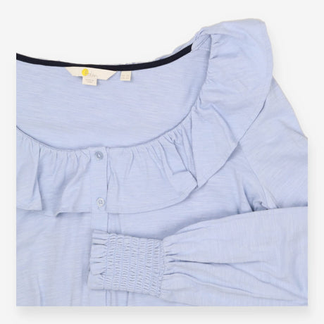 Light Blue Jersey Blouse – Ruffle Neck Soft Stretc