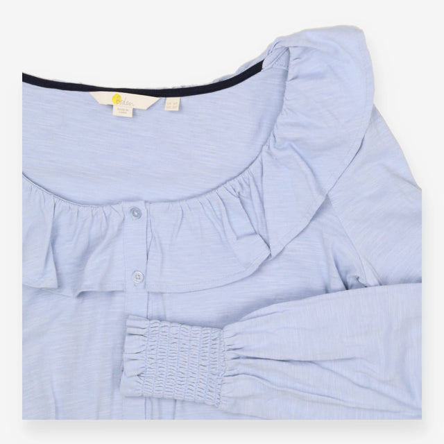 Light Blue Jersey Blouse – Ruffle Neck Soft Stretc