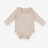 Long sleeve light brown rib frill neck bodysuit