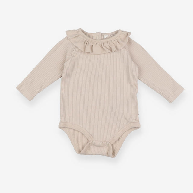 Long sleeve light brown rib frill neck bodysuit