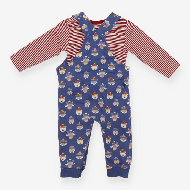 Outfit blue jersey dungarees animal heads in hats 