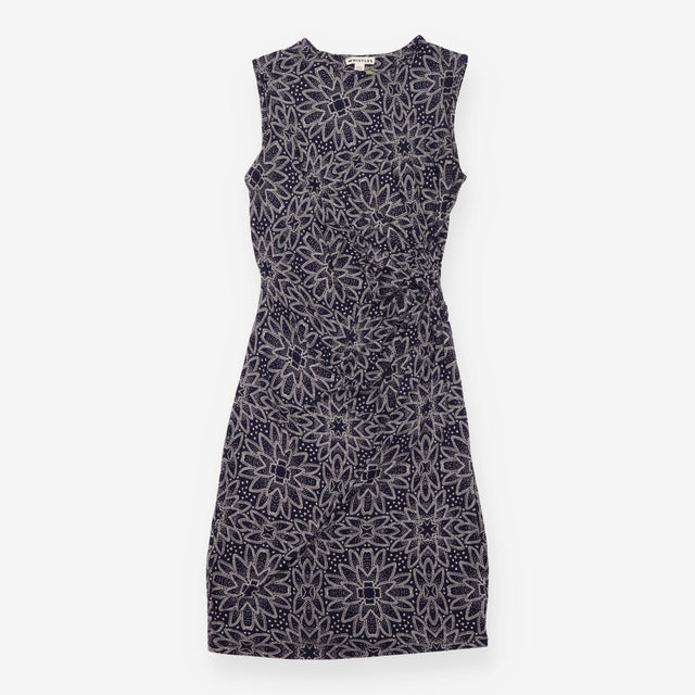 Dress Navy Cream Abstract Print Draped Sleeveless