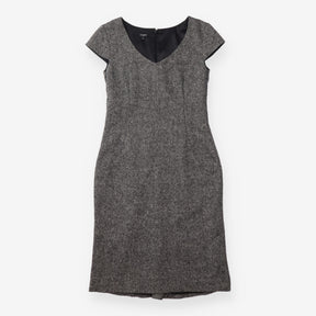 Shift Dress Charcoal Tweed V Neck Cap Sleeve