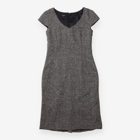 Shift Dress Charcoal Tweed V Neck Cap Sleeve
