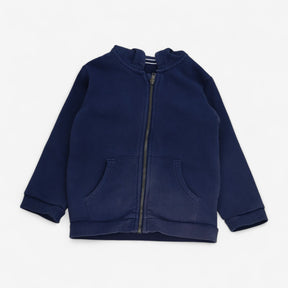 Navy zipped hoodie with stiped trim to hood