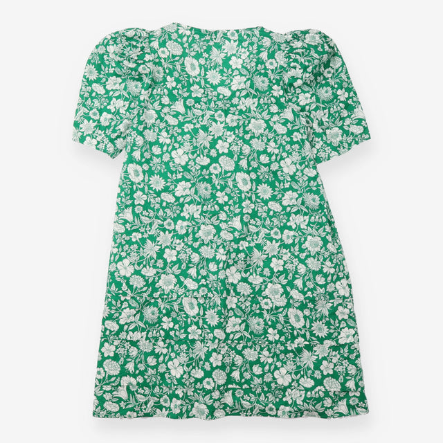 Mini Dress Green White Floral Puff Sleeve Organic 
